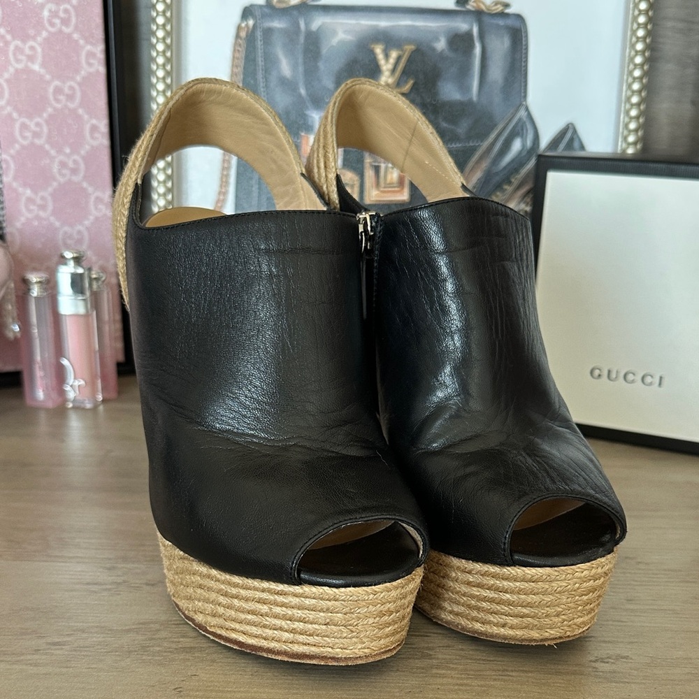 Gucci Tiffany Peep Toe Espadrille Wedge Sandals